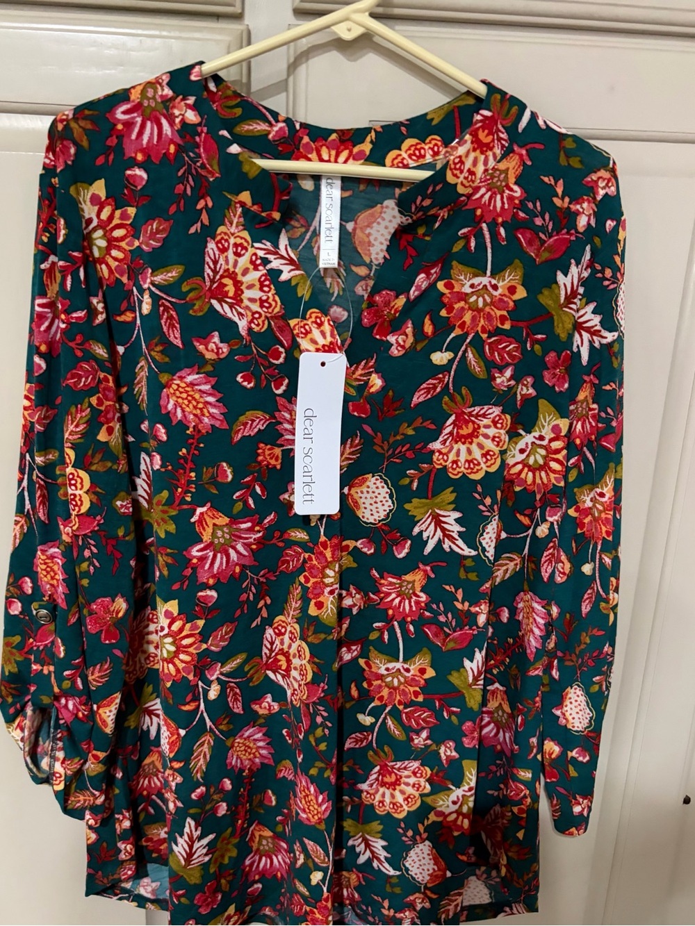 Scarlett Teal Floral Button-Front Blouse with burnt orange & Mustard Accents NWT